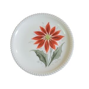Westmoreland Beaded Edge Milk Glass 7 1/4” Plate with Painted Poinsettia